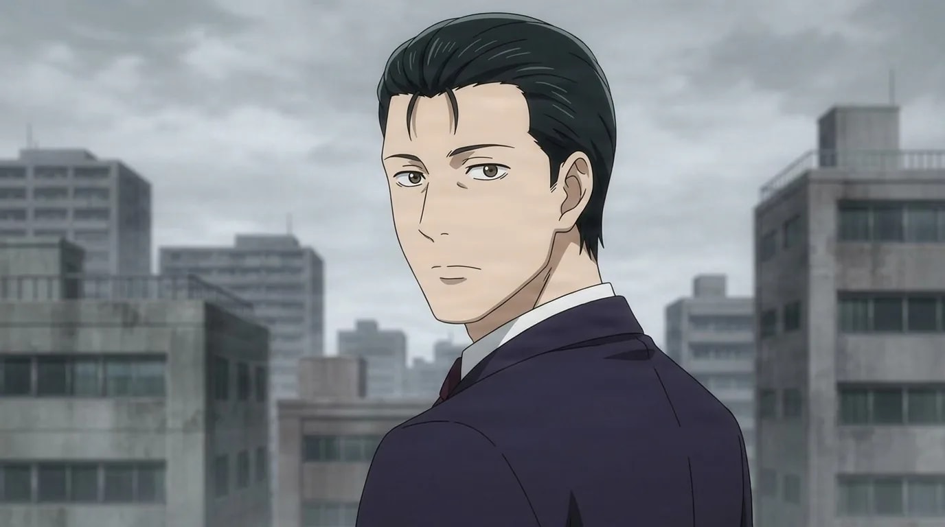 Kousuke Houji looking back over his shoulder in a dark purple suit and red tie, grey office towers under an overcast sky