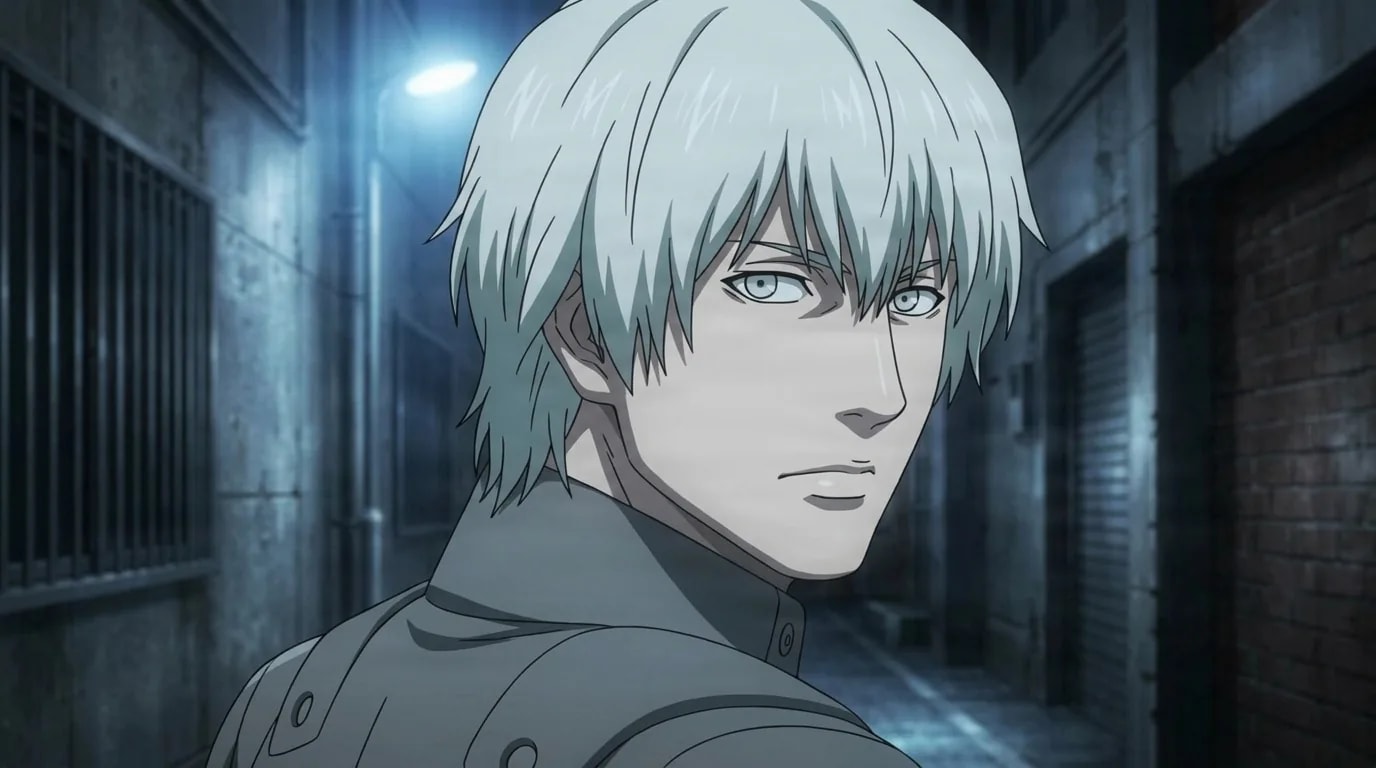 Kureo Mado, a silver-haired man in a gray high-collared jacket, glancing over his shoulder in a dark alley at night.
