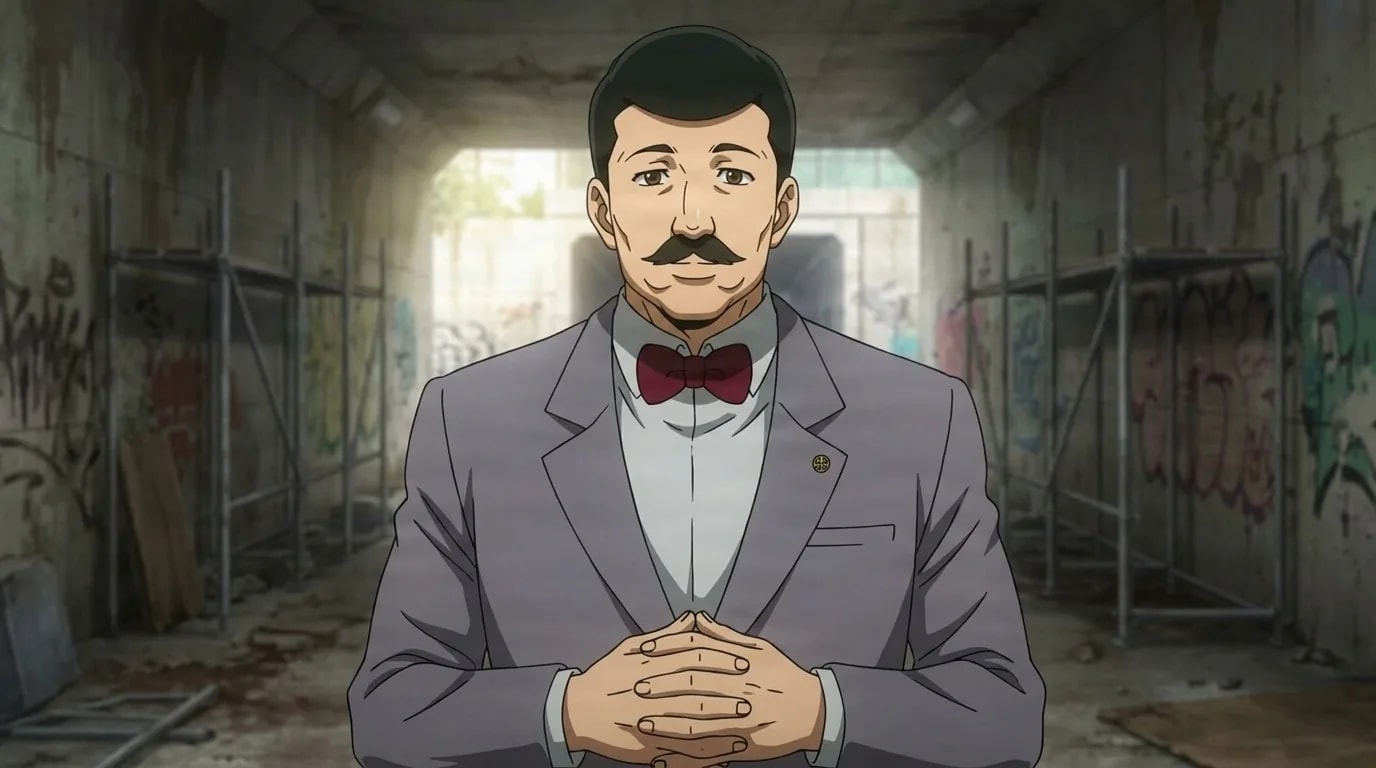 Mougan Tanakamaru standing calmly with fingers steepled, thick moustache, lilac suit and dark red bow tie, graffiti-covered underpass behind