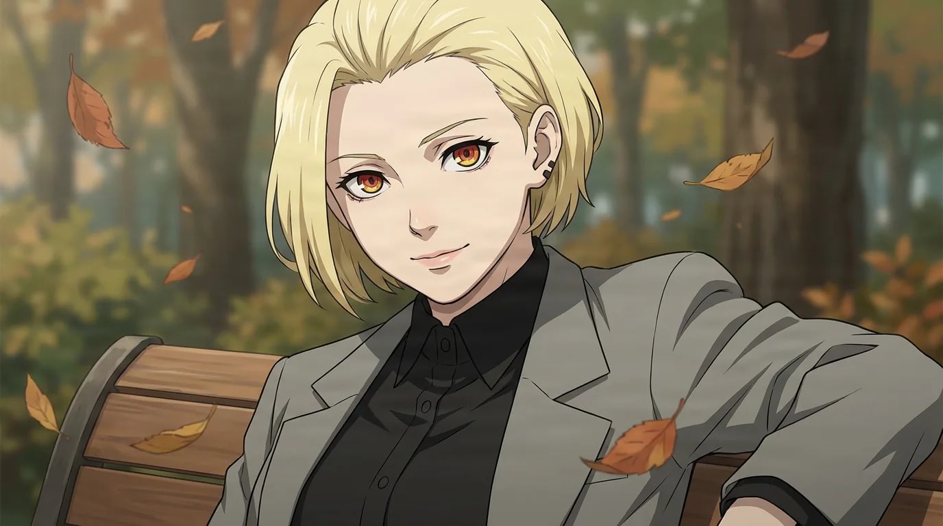 Naki, a blond youth with red eyes in a gray blazer, seated on a park bench amid falling autumn leaves.