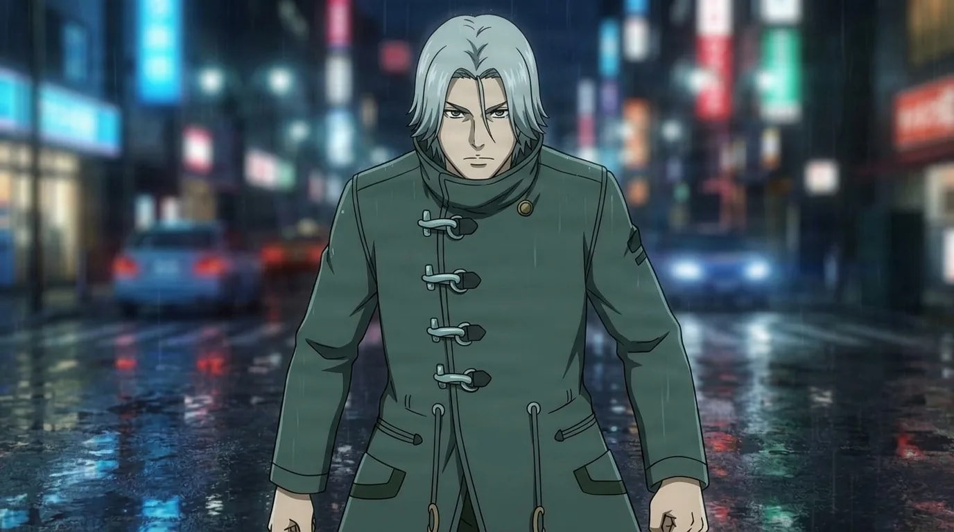 Renji Yomo, a silver-haired man in a green toggle coat with a high collar, on a rainy neon-lit city street at night.