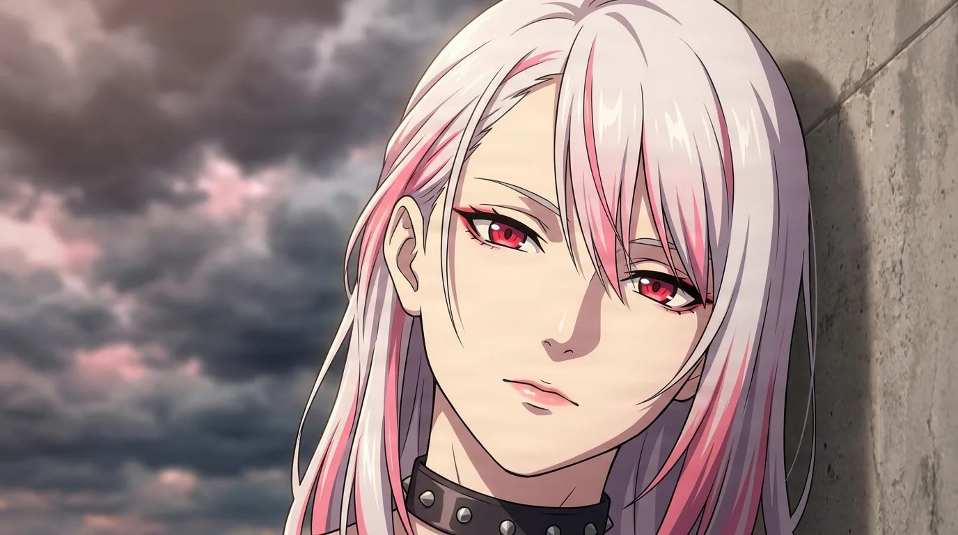 Rize Kamishiro, a woman with long white and pink hair and red eyes, in a studded collar leaning on a wall under clouds.