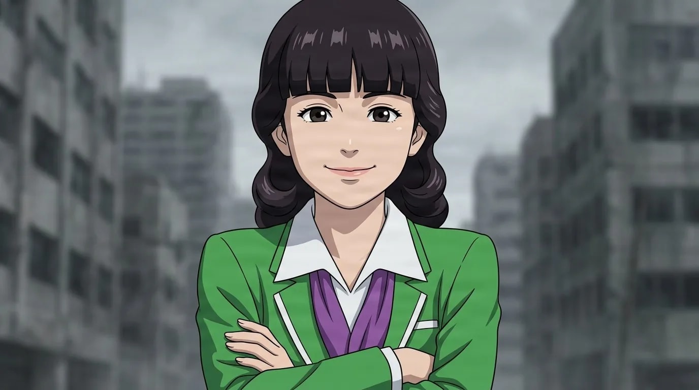 腕を組んで優しく微笑む笛口涼子。ウェーブがかった黒髪とぱっつん前髪、紫と白のブラウスの上に羽織った緑のジャケット、背景にグレーの街並み