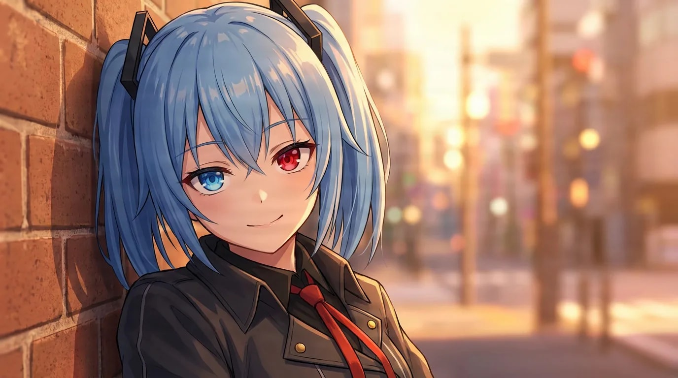 Saiko Yonebayashi, a blue-haired girl with mismatched eyes in a dark jacket, smiling against a brick wall at sunset.