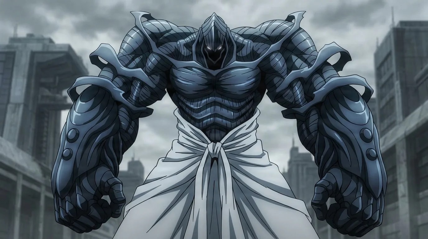 Tatara, a towering figure encased in dark segmented armor with a masked helmet and white waist cloth, in a ruined city.