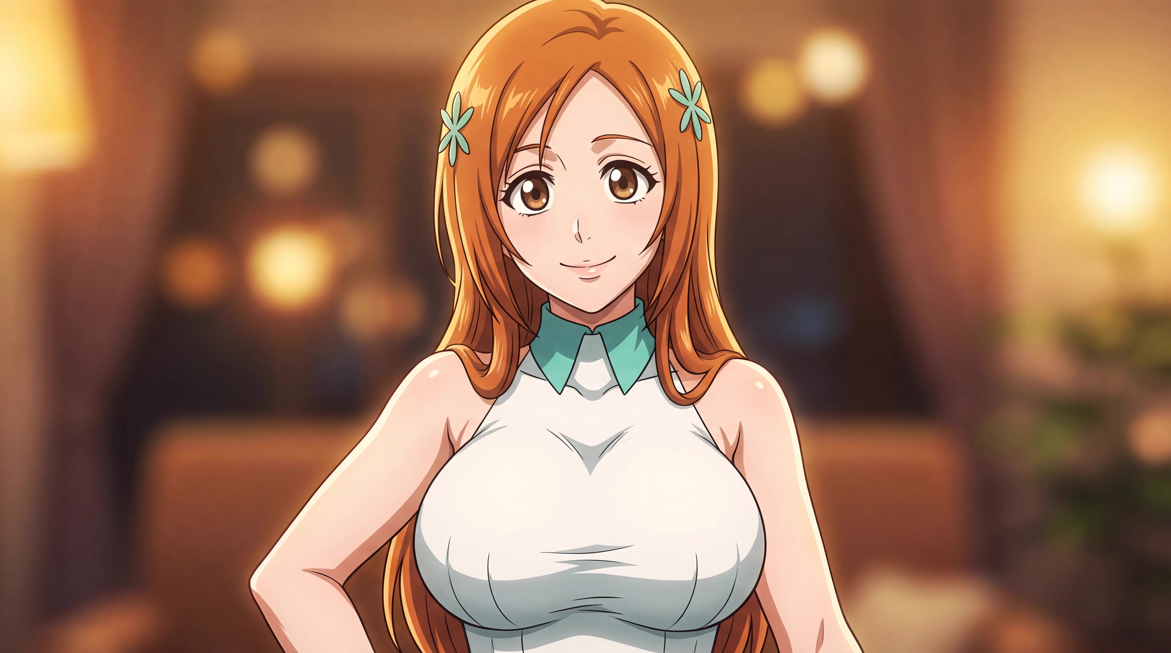Orihime Inoue de Bleach sorrindo calorosamente, estilo anime