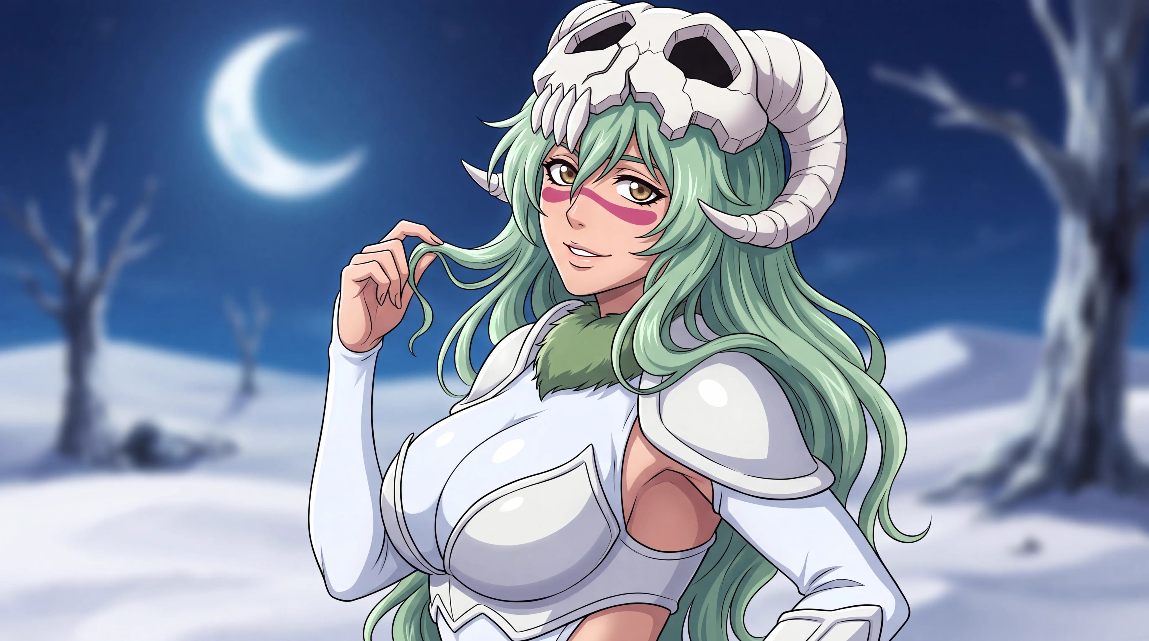 Nelliel Tu Odelschwanck em forma adulta de Bleach posando em Hueco Mundo, estilo anime