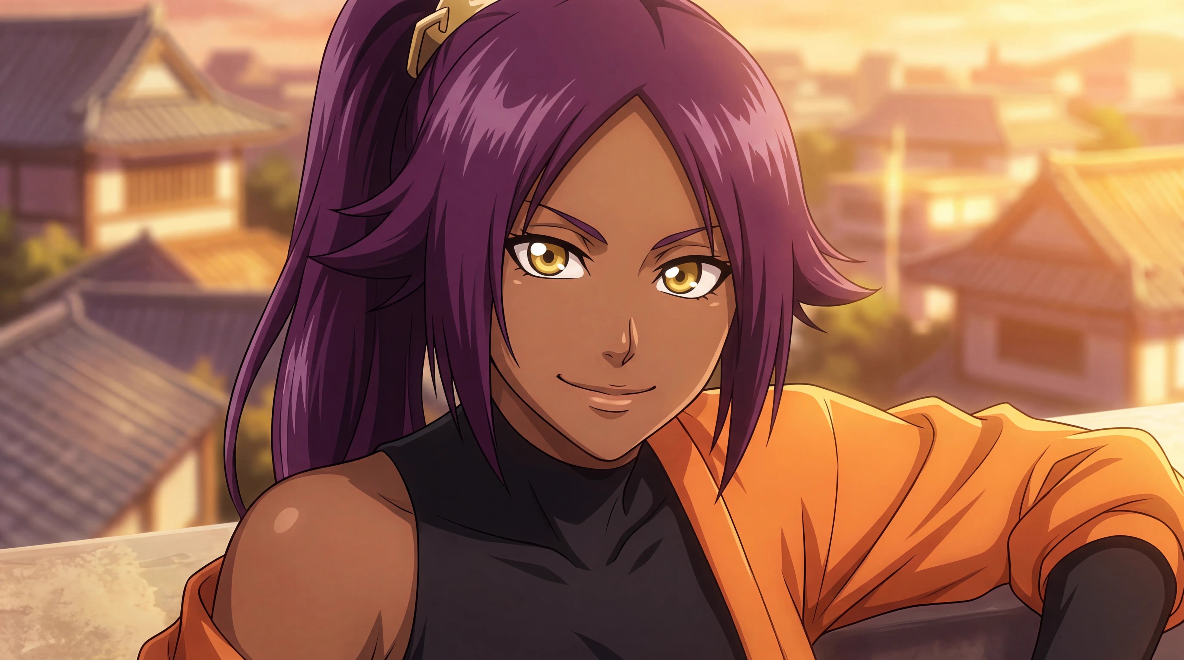 Yoruichi Shihoin de Bleach sorrindo no telhado da Soul Society ao pôr do sol, estilo anime