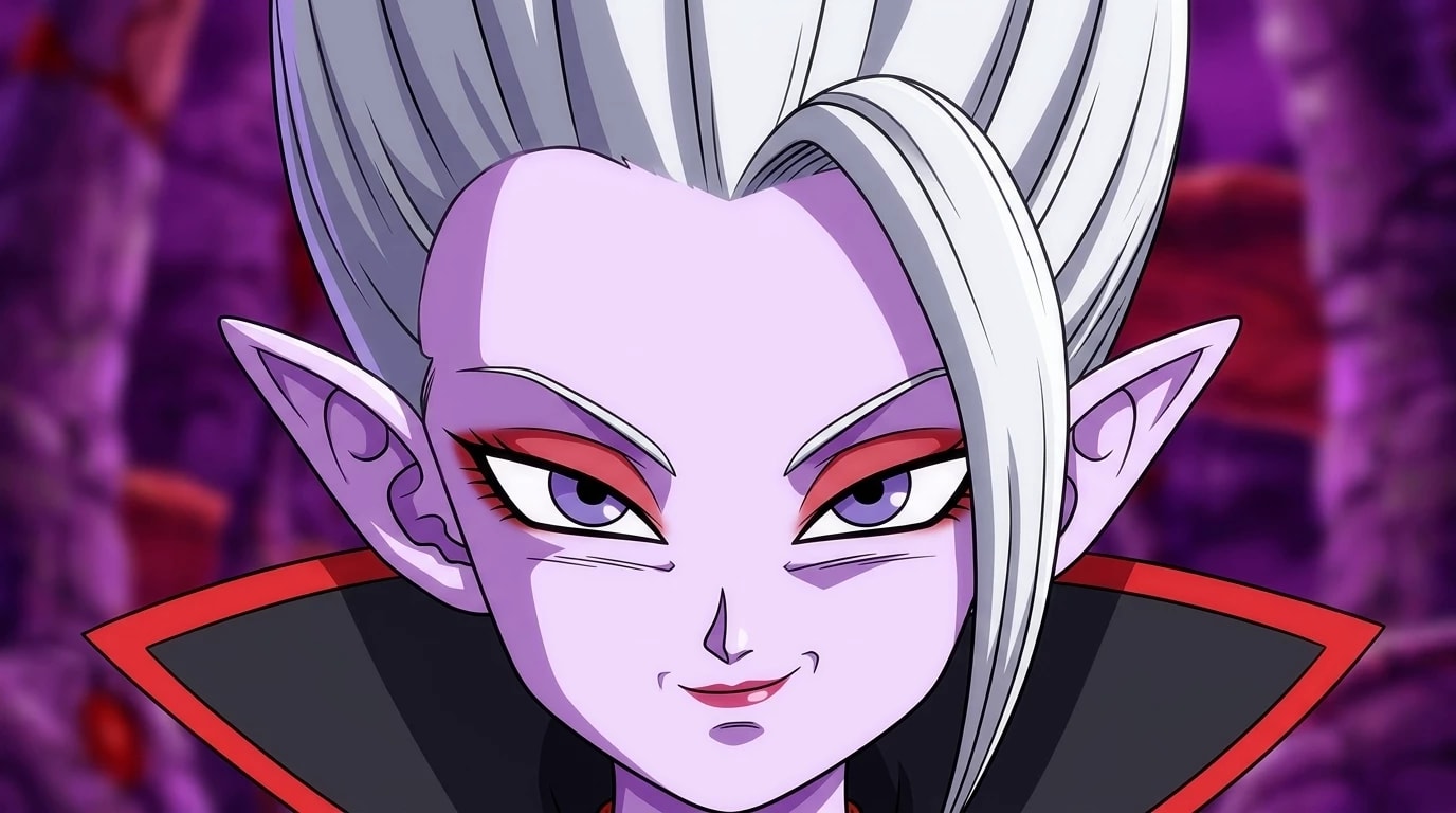 Anime close-up portrait of Arinsu the Demon Realm goddess from Dragon Ball Daima with her tall silver flame-crest hair and high-collared black cape, set against a warped purple Demon Realm sky.
