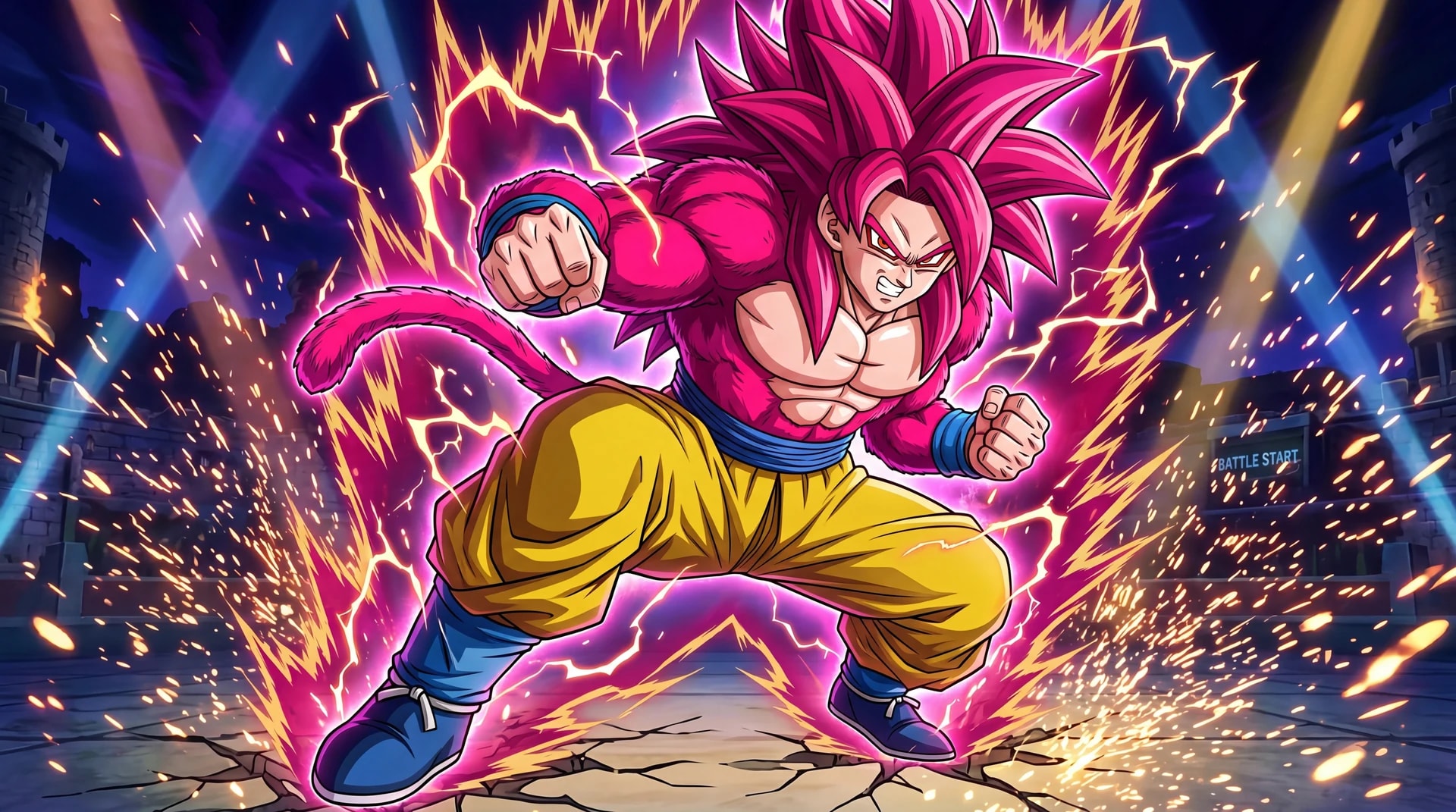 Super Saiyan 4 Goku in a battle stance on an arena stage, Dragon Ball FighterZ