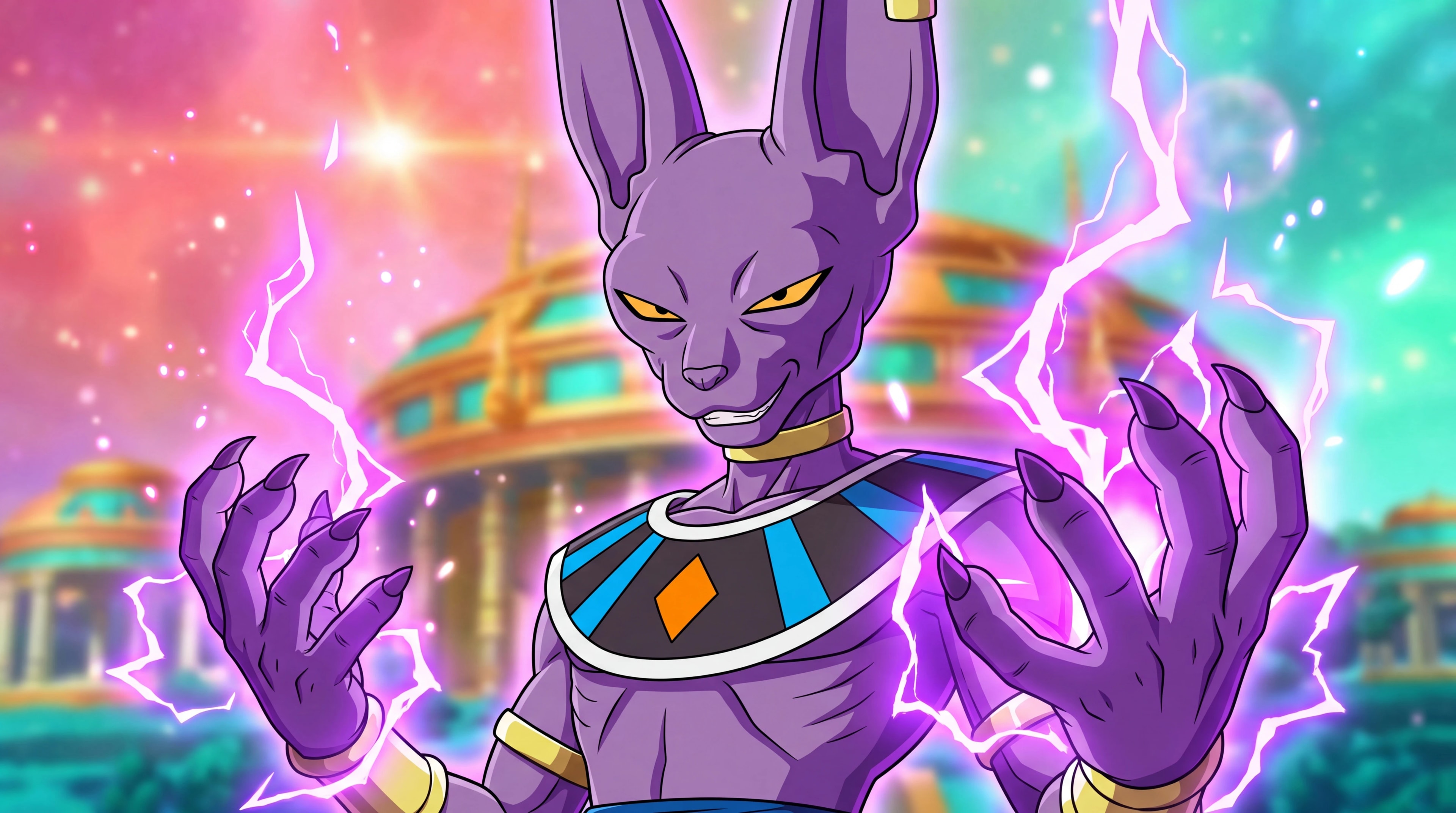 Beerus the God of Destruction leaning forward with violet destruction energy crackling around both hands in a cosmic temple, anime style