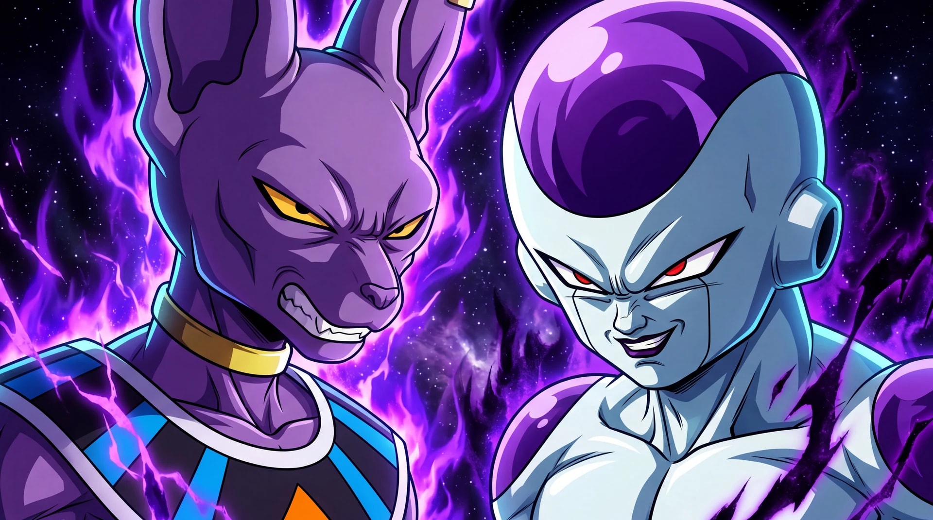 Beerus the God of Destruction and final form Frieza face off in a cosmic standoff, Dragon Ball Super: Beerus