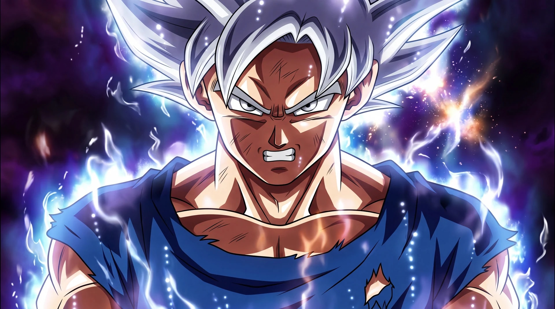 Ultra Instinct Goku powering up with a silver energy aura, Dragon Ball Super manga
