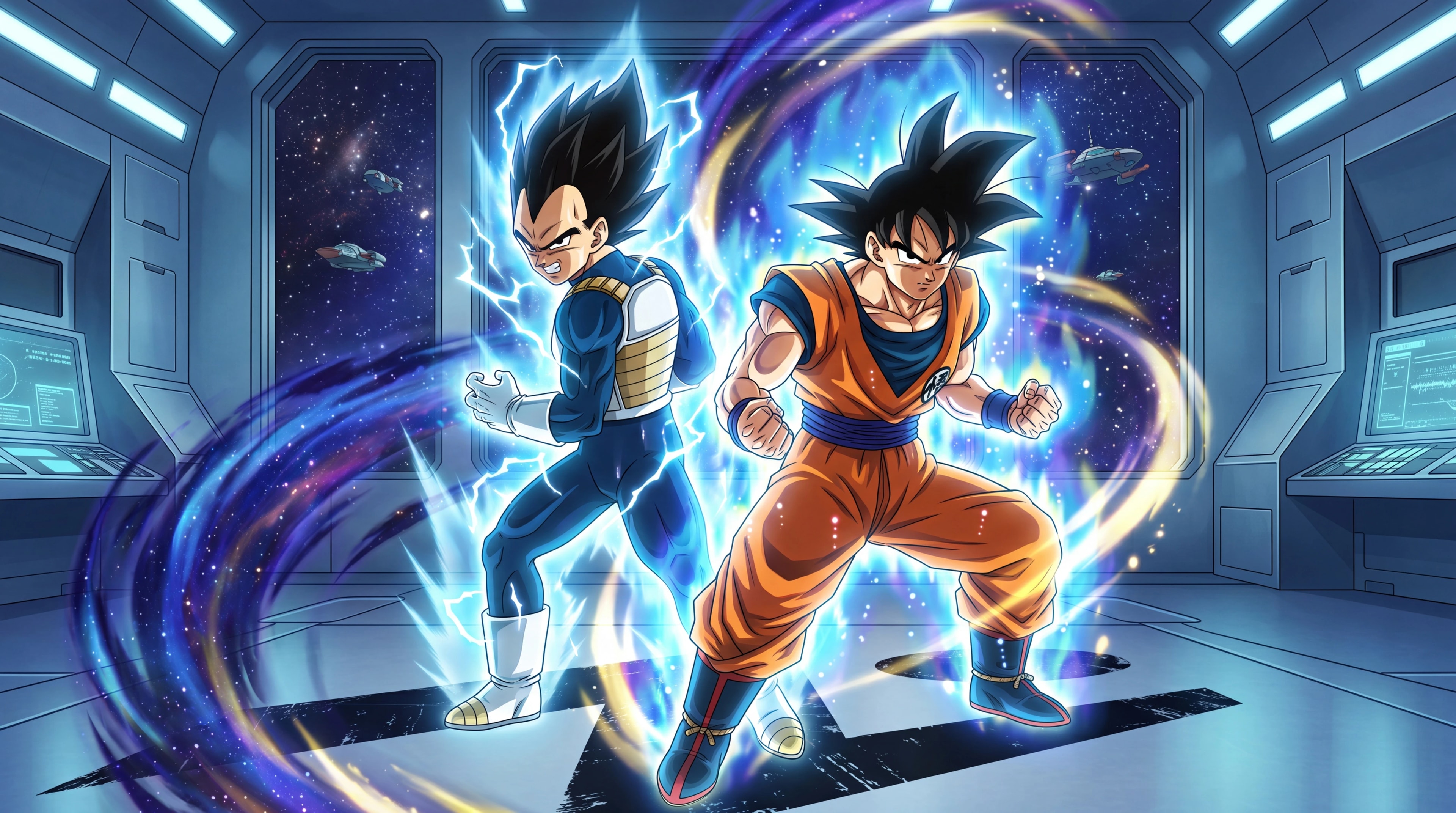 Goku and Vegeta powering up back to back in a Galactic Patrol space station, anime style