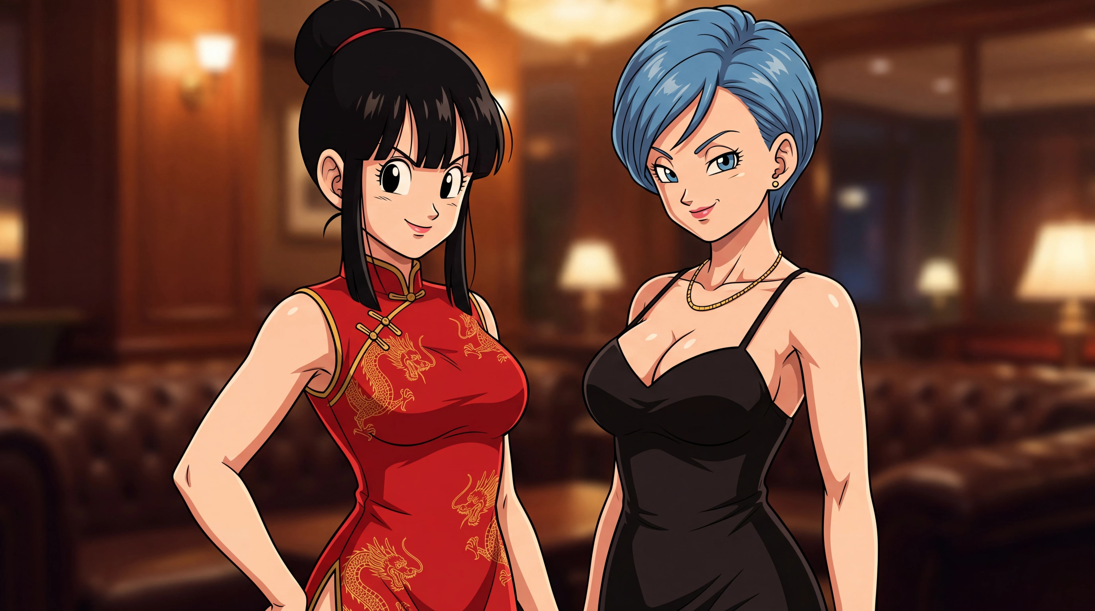 Chi-Chi and Bulma from Dragon Ball posing together in anime style