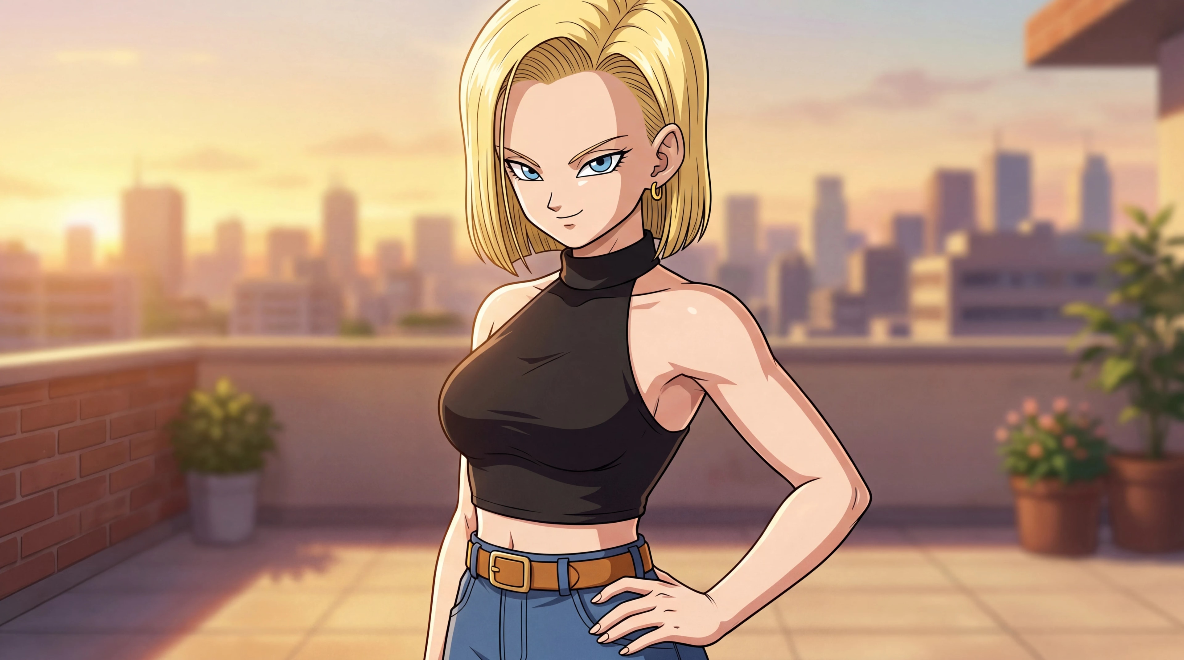 Android 18 from Dragon Ball posing confidently in anime style