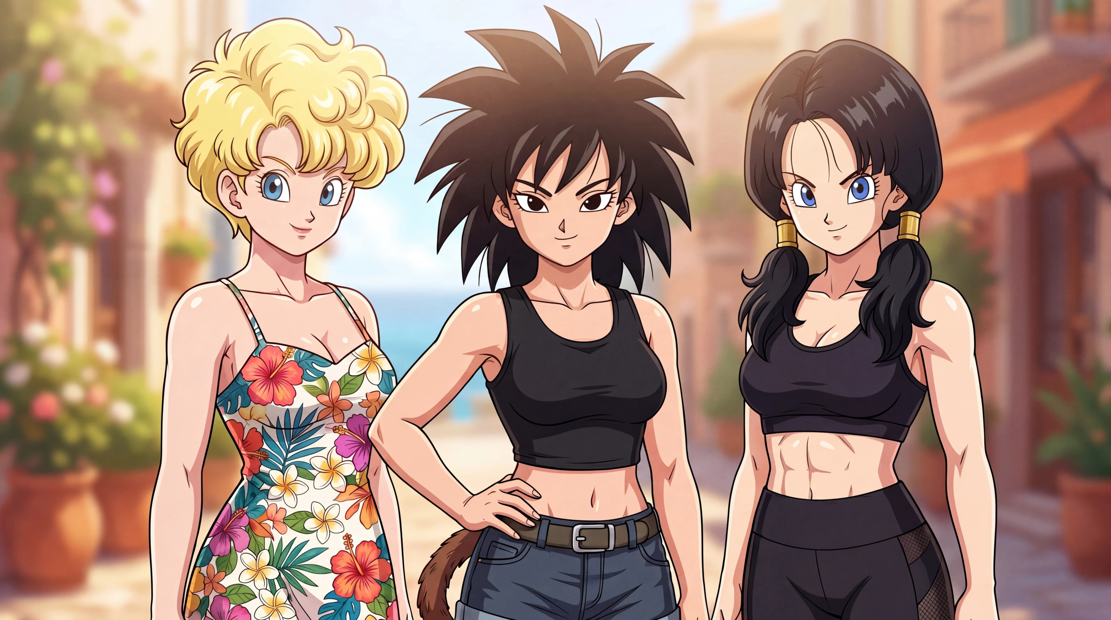 Panchy, Gine, and Videl from Dragon Ball posing together in anime style