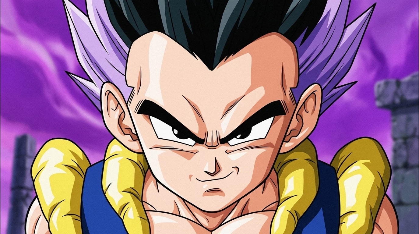 Anime close-up portrait of Gotenks from Dragon Ball in his base form with his signature two-tone black and purple-lavender spiked hair and cocky grin.