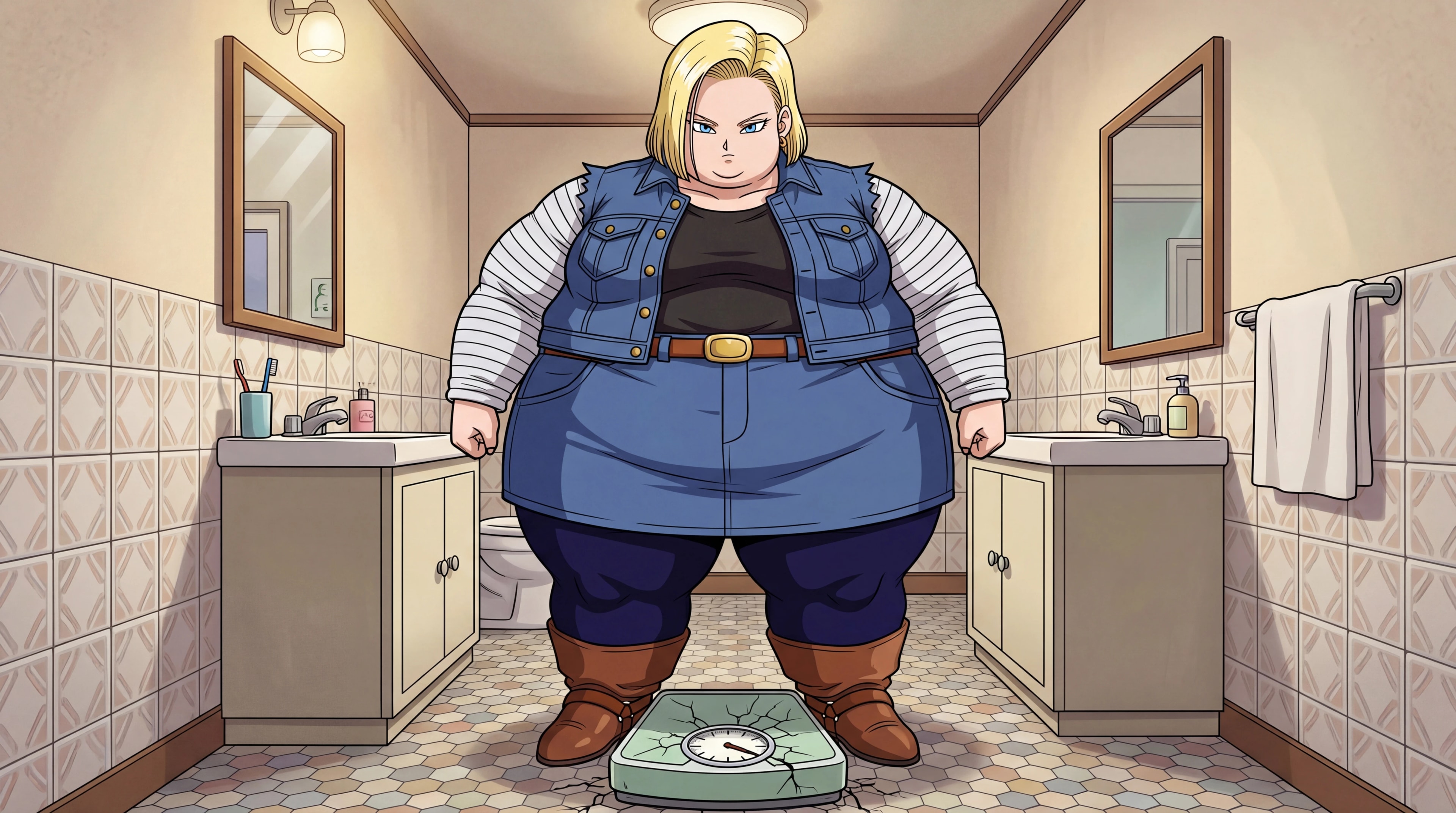 Morbidly obese Android 18 standing on a cracking bathroom scale, anime style