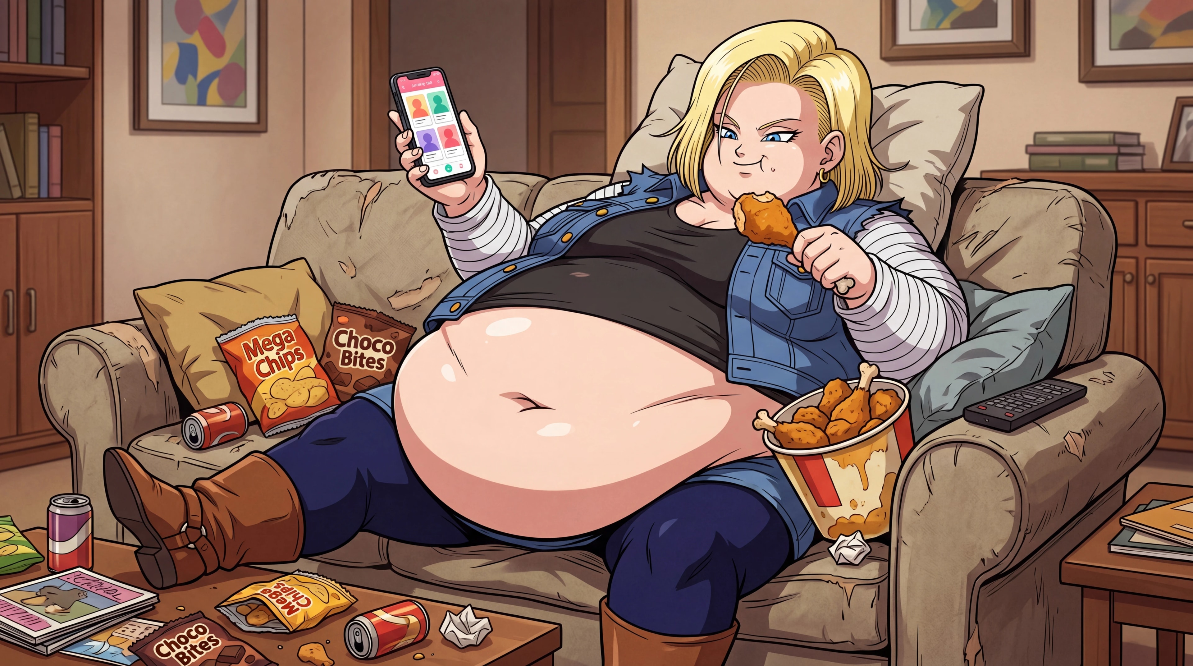 Obese Android 18 on a couch eating fried chicken and using a dating app, anime style