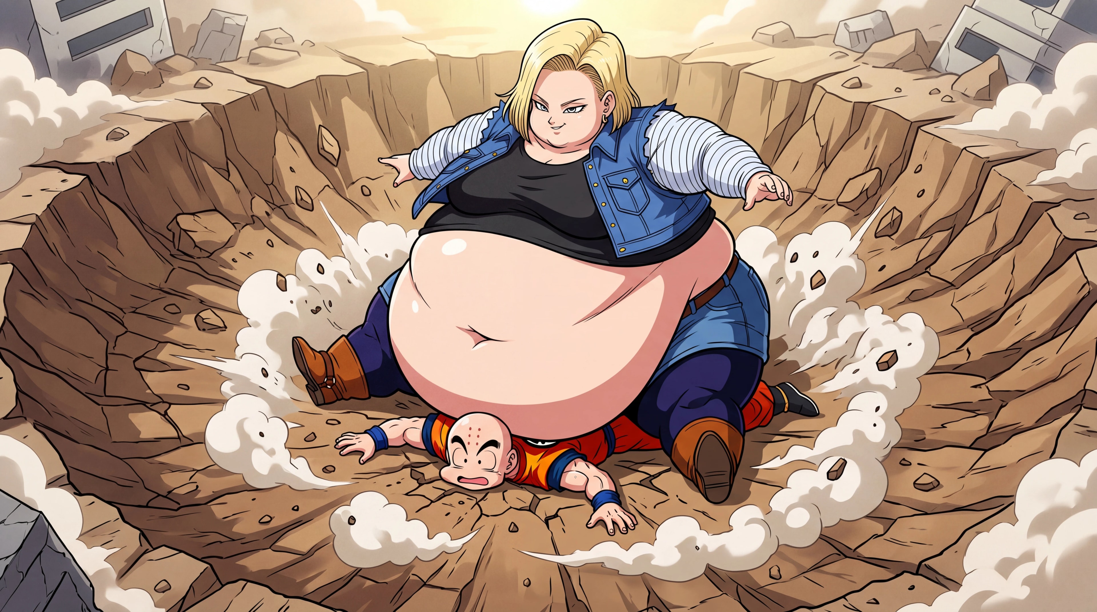 Obese Android 18 sitting on top of a flattened Krillin in a crater, anime style