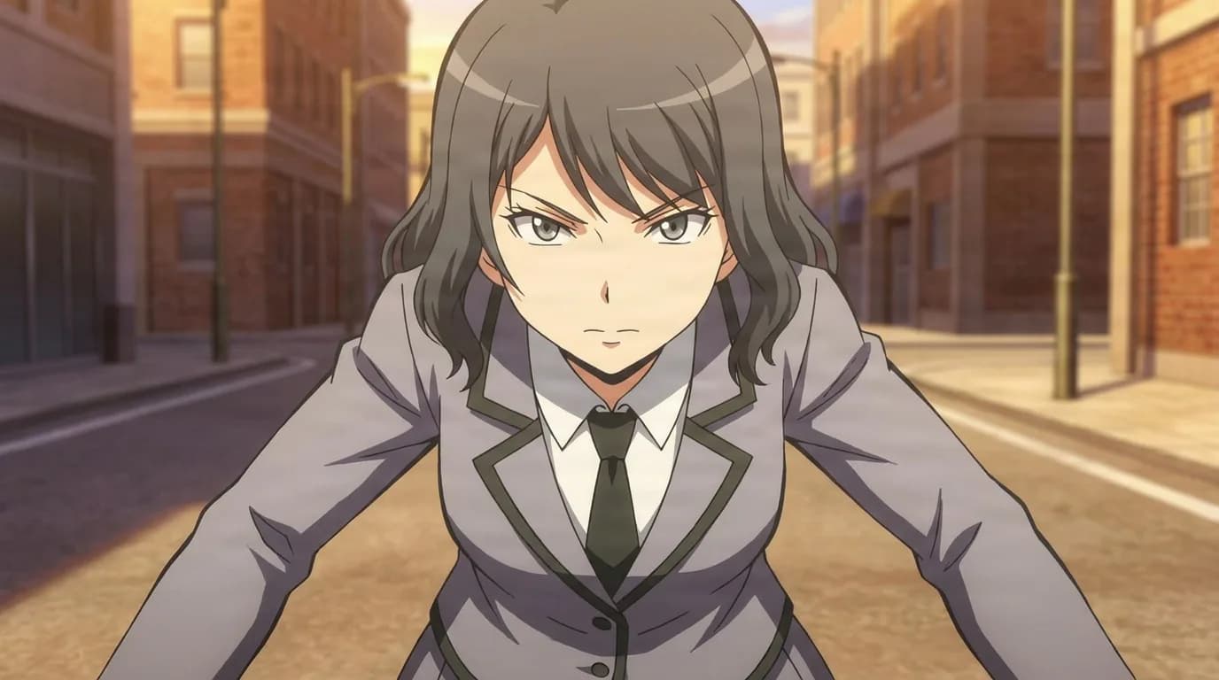Kaho Tsuchiya leans forward with a determined stare in a gray blazer and tie, wavy hair, on an empty sunset street.