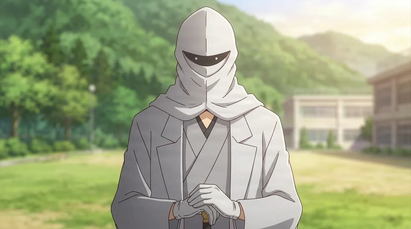 Kotaro Yanagisawa in a white hood and slit visor mask, gloved hands resting on a cane, standing on a school field below green hills.