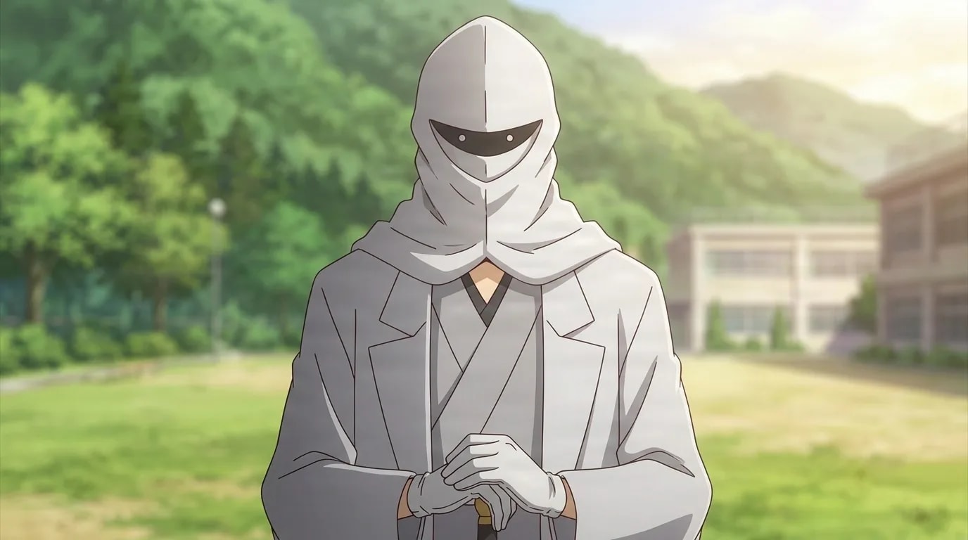 Kotaro Yanagisawa in a white hood and slit visor mask, gloved hands resting on a cane, standing on a school field below green hills.