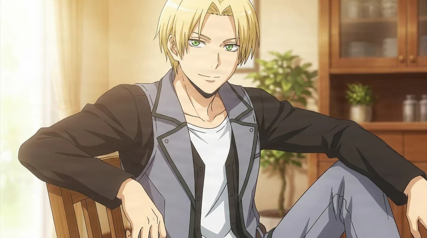 Seeker, a blond young man in a grey jacket over a white shirt, sits relaxed in a wooden chair inside a sunlit room.
