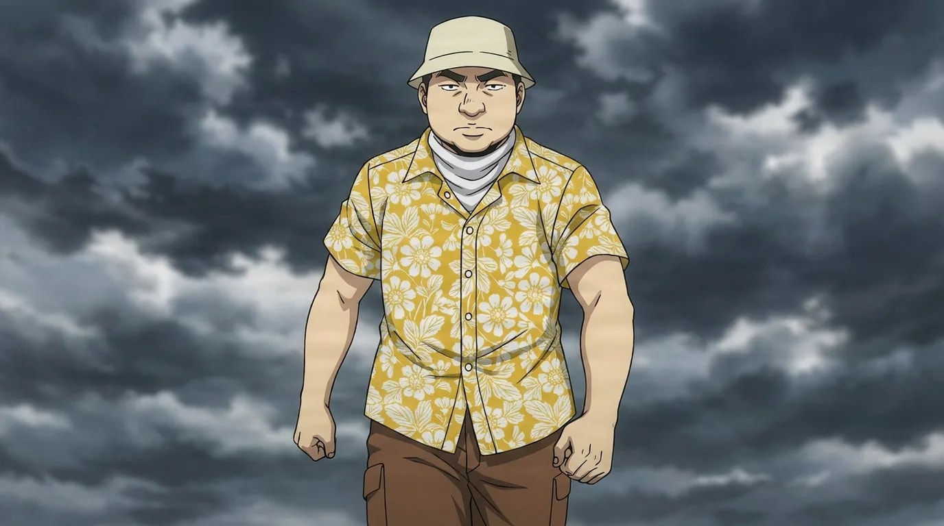 Smog stands with clenched fists in a yellow floral shirt and bucket hat, a heavyset man beneath a dark stormy sky.