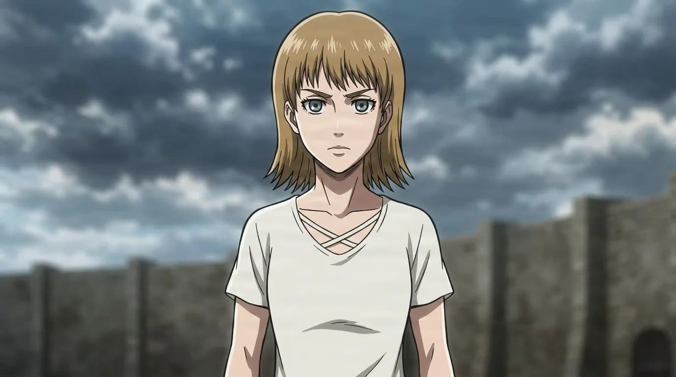 Abel Reiss standing before the walls under heavy clouds, shoulder-length blonde hair and a white cross-laced shirt