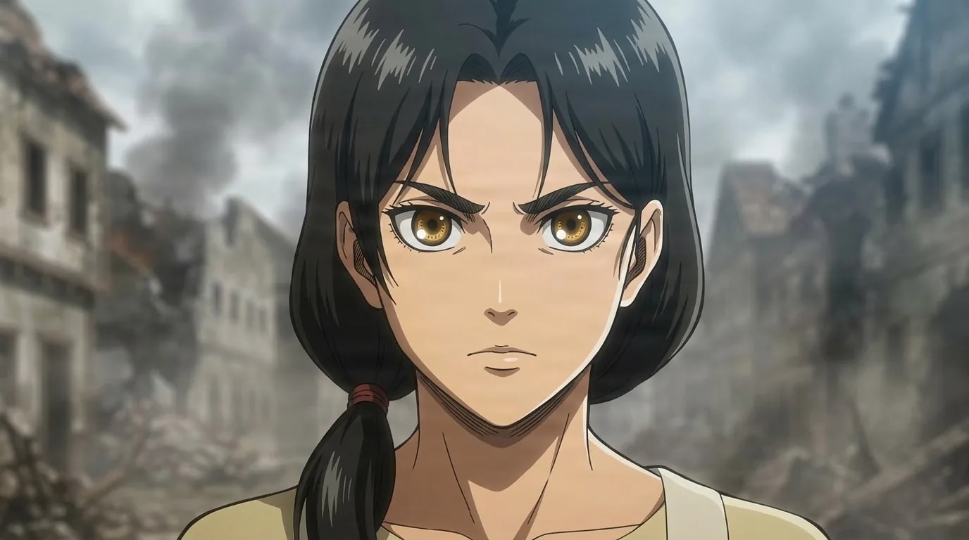 Carla Yeager, a dark-haired woman with a ponytail and determined look, stands before ruined smoking buildings.