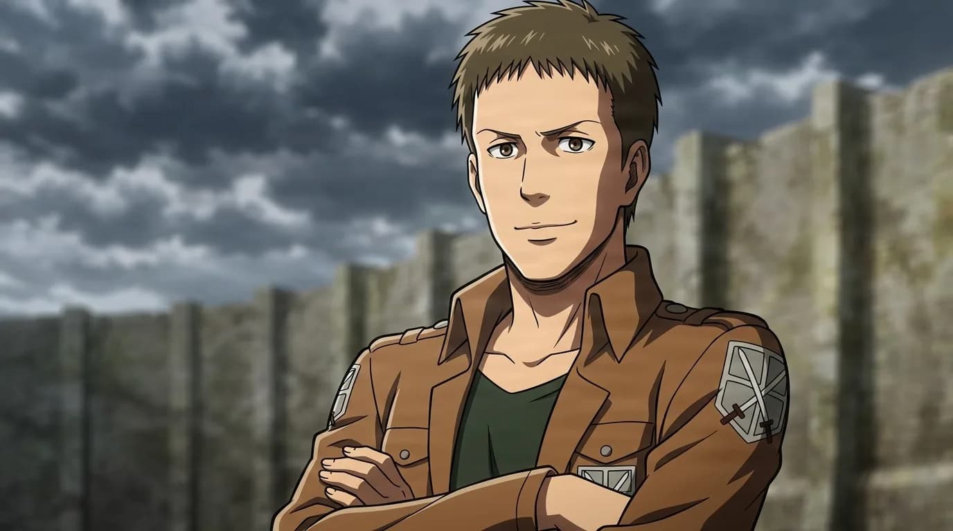 Daz with arms crossed in his brown Cadet Corps jacket, smirking faintly in front of the stone wall under a stormy grey sky