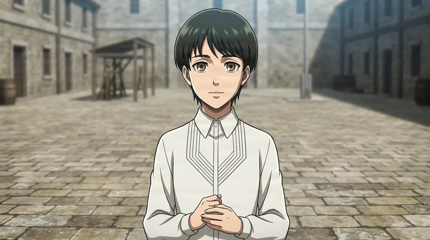 Dirk standing quietly with hands clasped and a faint smile, dark bowl-cut hair and a plain white shirt, empty cobblestone courtyard