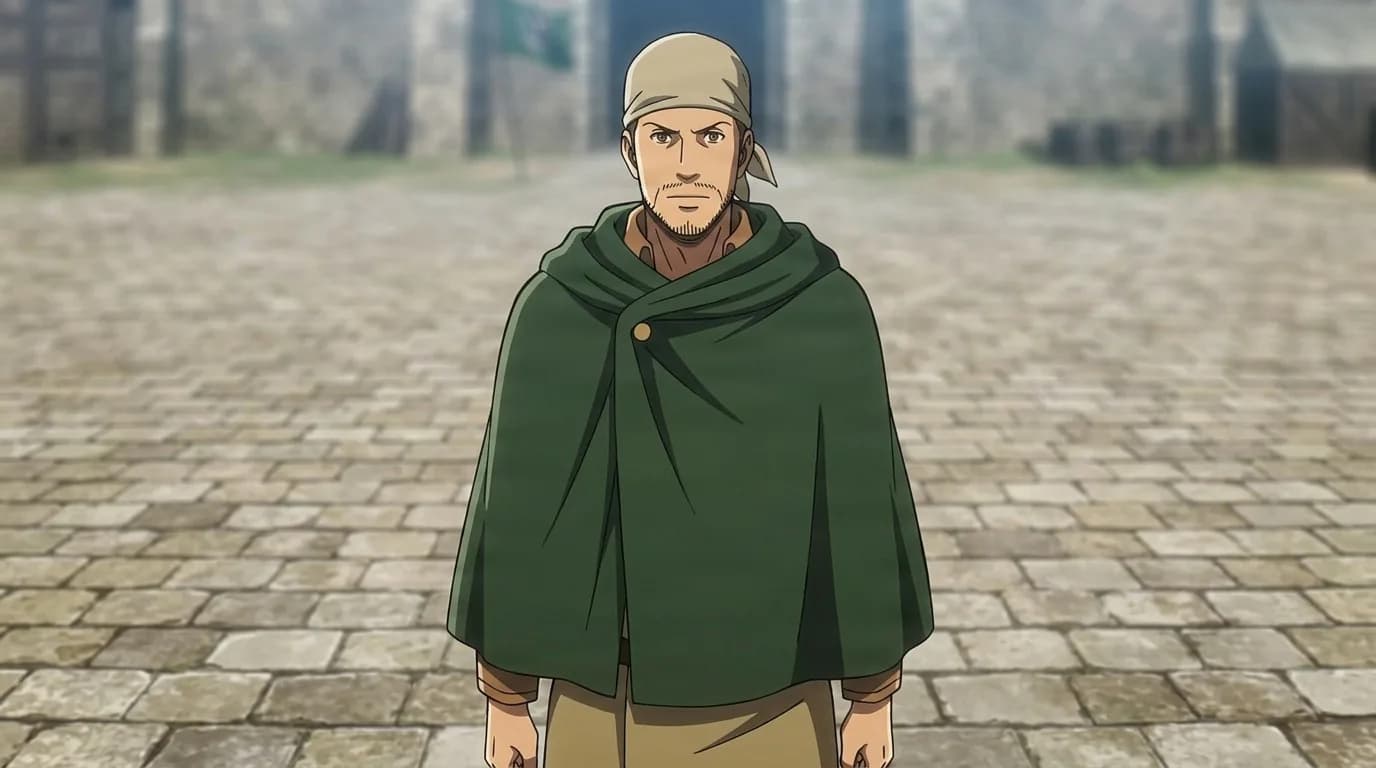Dita Ness standing in a stone courtyard in a green Survey Corps cloak, tan headscarf and stubbled jaw, stern narrow-eyed look
