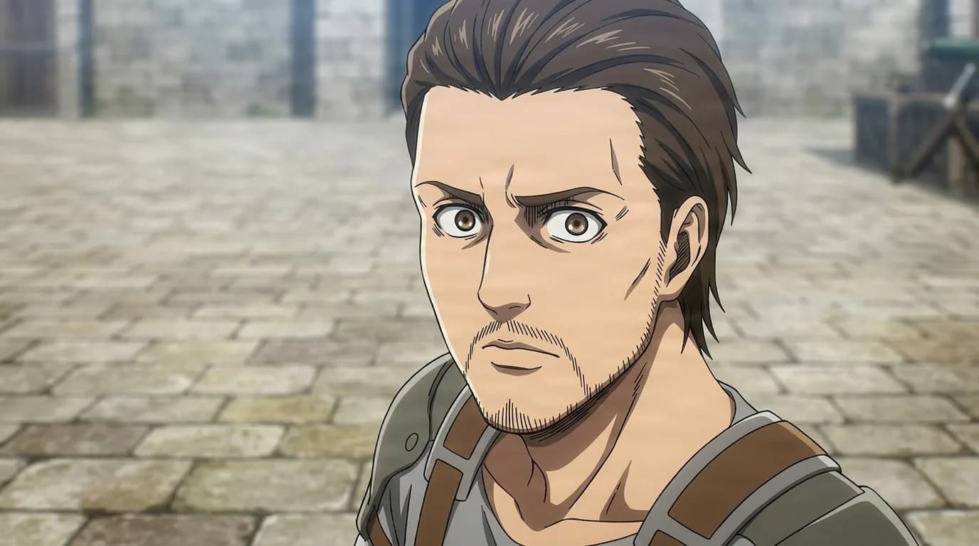 Duran, a bearded, brown-haired man with sharp eyes in an olive strap harness, standing on a cobblestone street