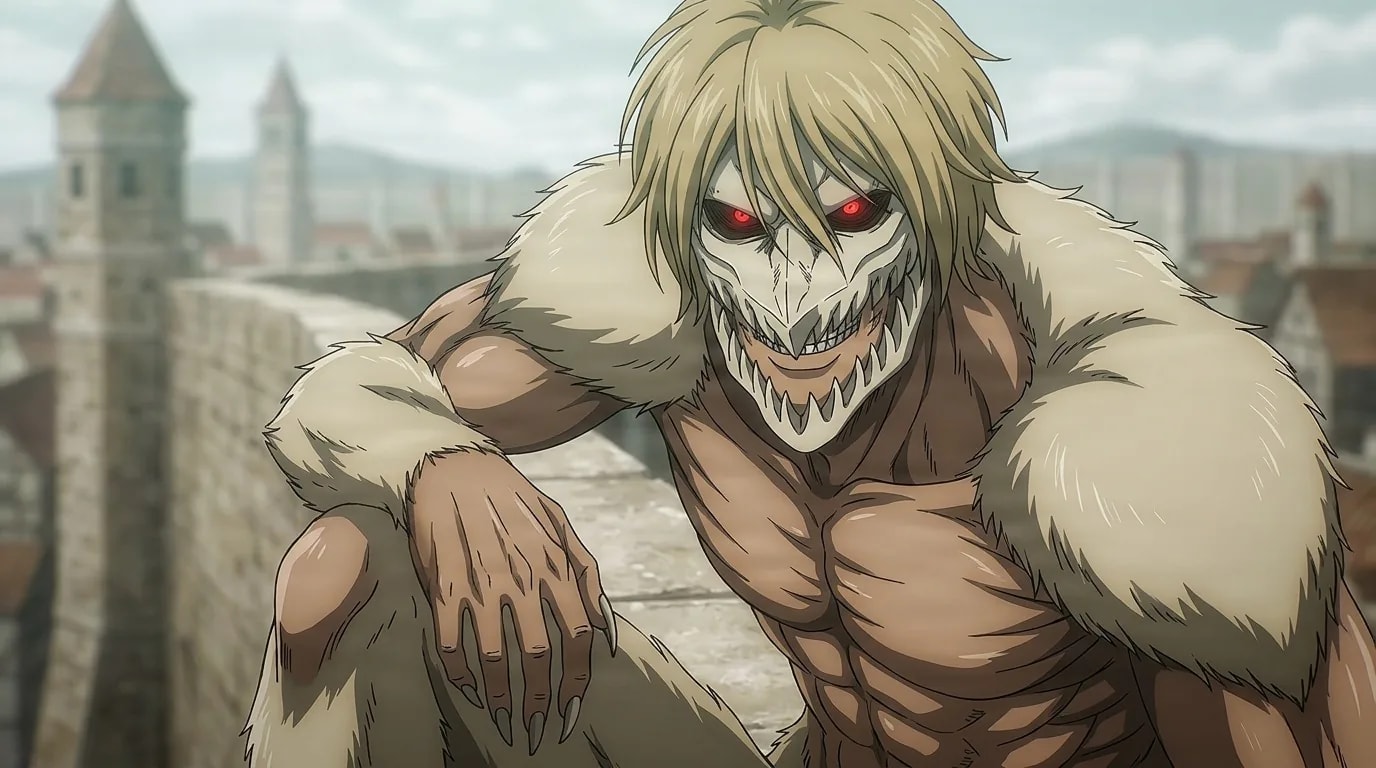 Falco Grice in his Jaw Titan form, a muscular beast with a white bony mask, jagged teeth and red eyes, crouches over a walled town.
