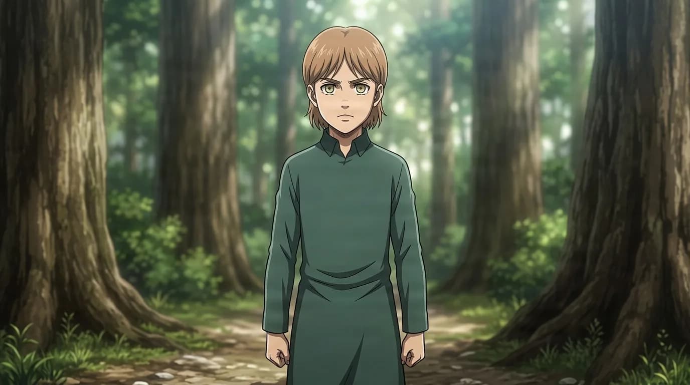 Martin Springer, a young boy with tousled brown hair in a green tunic, standing wary in a sunlit forest