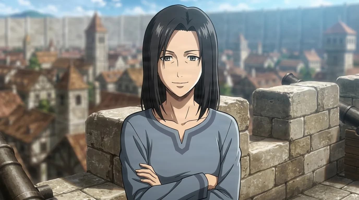 Mikasa's mother smiling softly with arms crossed in a grey tunic, leaning on a stone wall above the red rooftops of the town