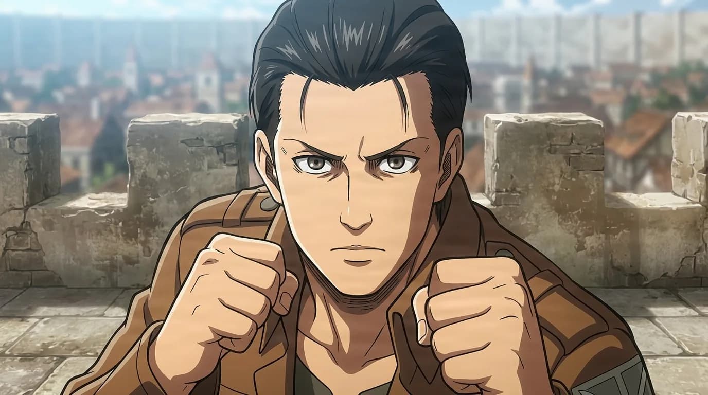 Nac Tias, a dark-haired man in a brown jacket, fists raised, glaring atop a stone wall overlooking a town
