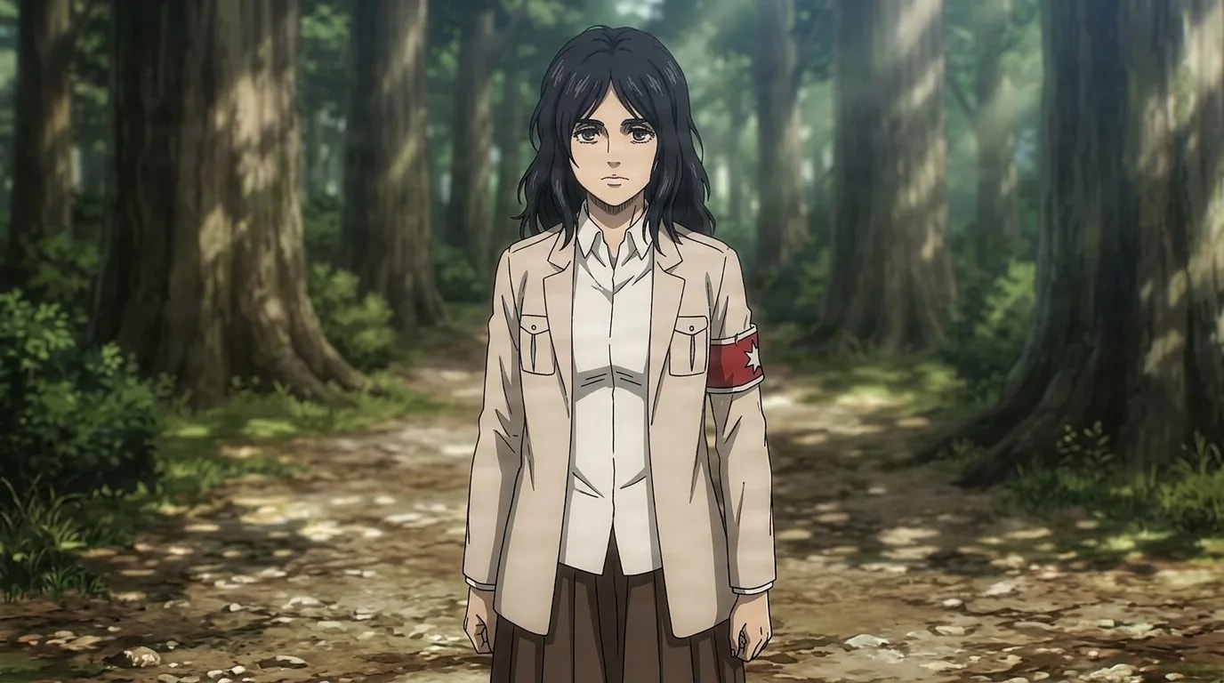 Pieck Finger, a dark-haired woman in a beige jacket with a red star armband, stands on a sunlit forest path.