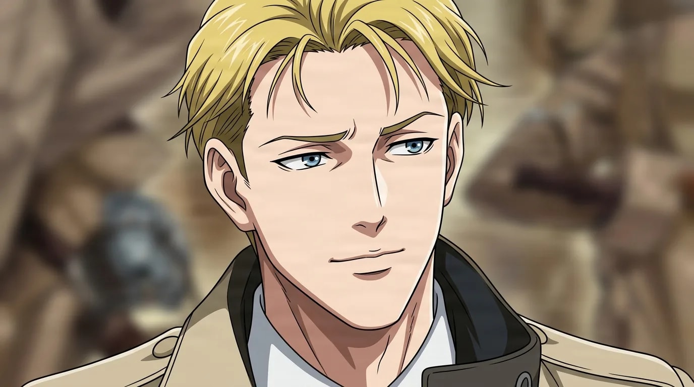 Xavi Inocencio from Attack On Titan in a close-framed cel-shaded anime scene with a detailed environment