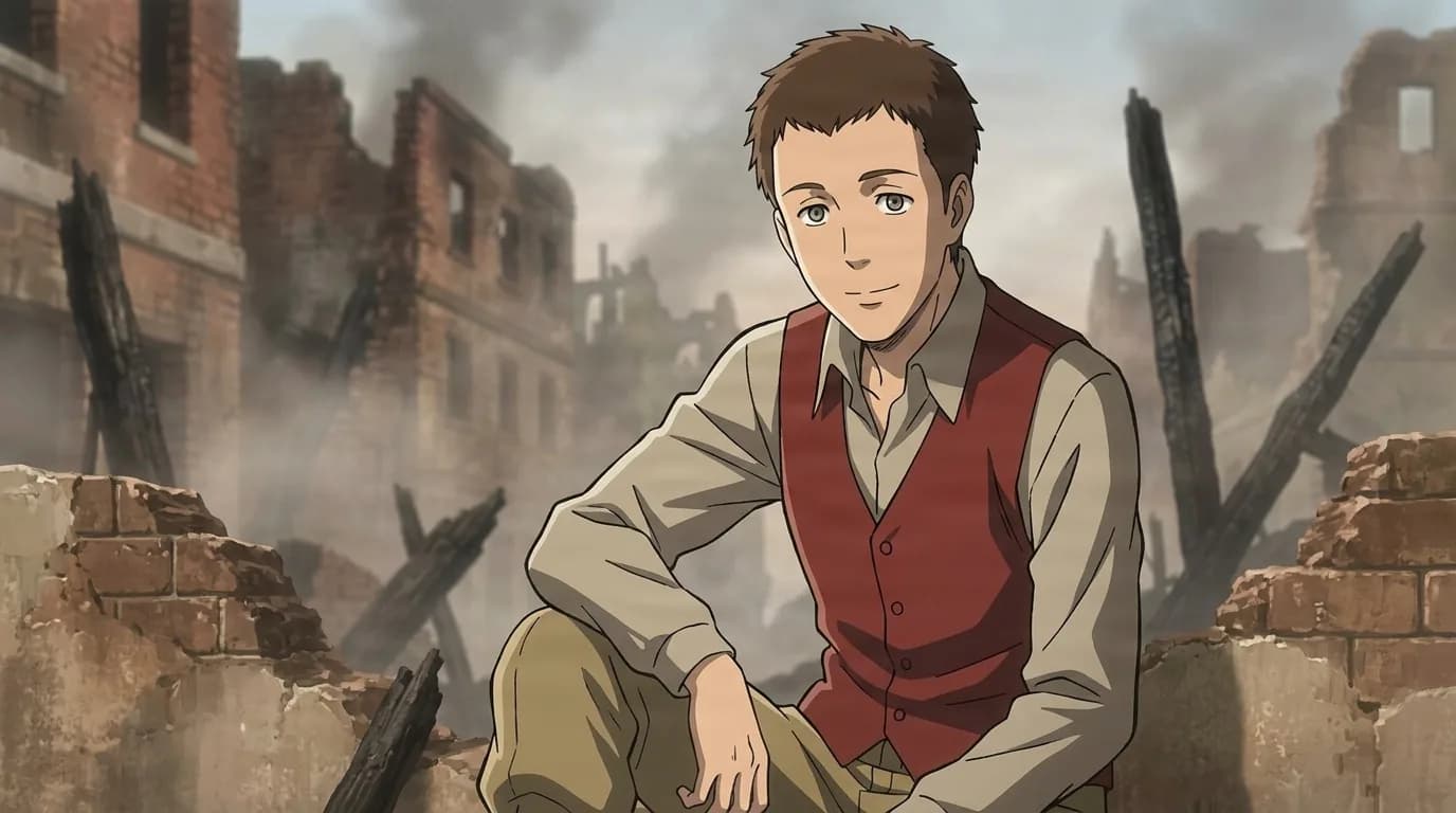 Yan, a brown-haired young man in a maroon vest, sitting and smiling faintly amid war-torn rubble