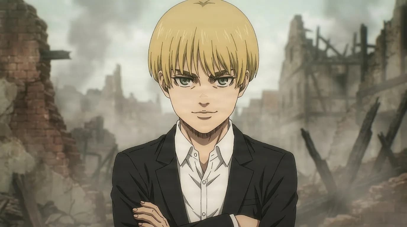 Yelena, a tall blonde with cropped hair in a black suit, stands with arms crossed amid the ruins of a war-torn town.