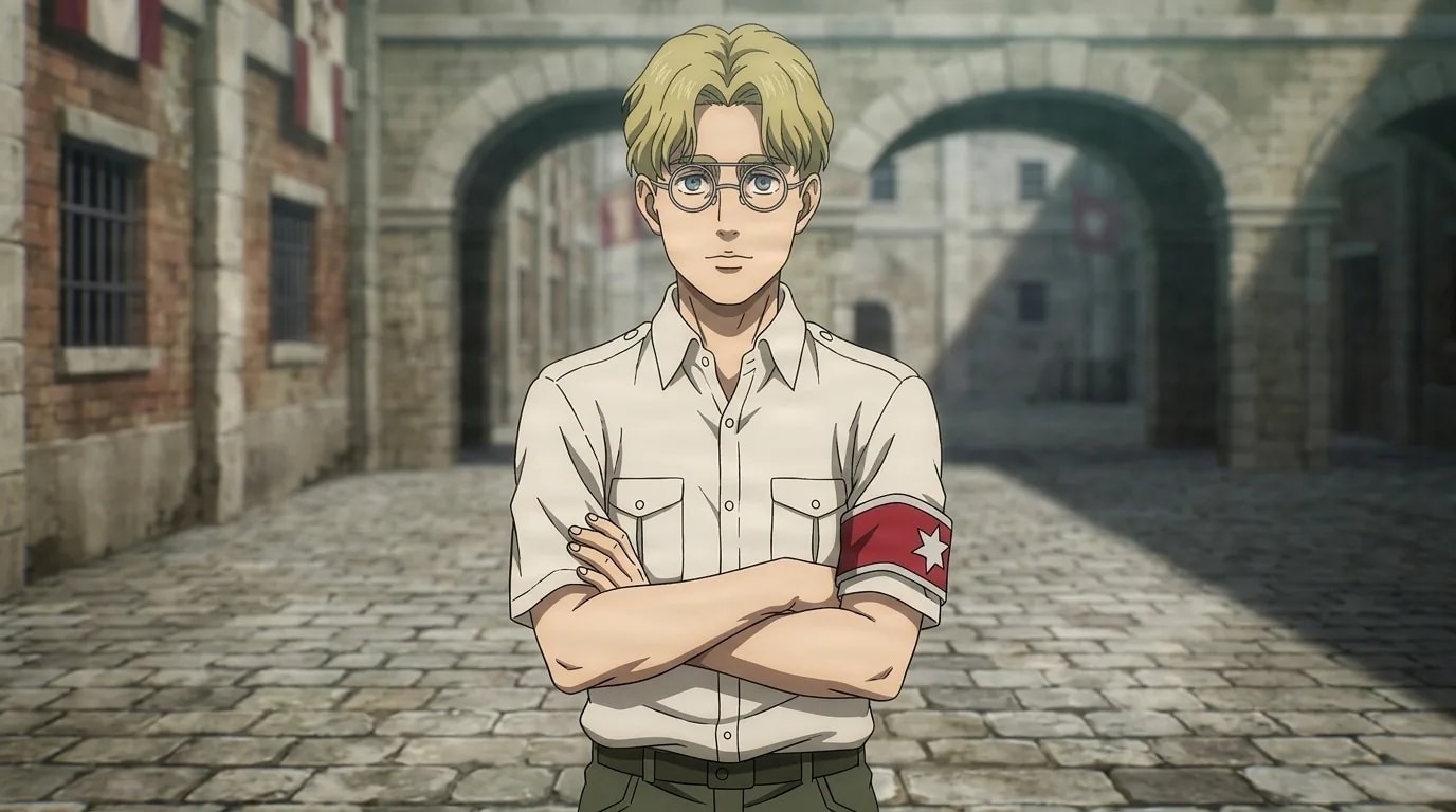 Zeke Yeager, a blond man in round glasses and a light shirt with a red star armband, stands with arms crossed in a stone courtyard.
