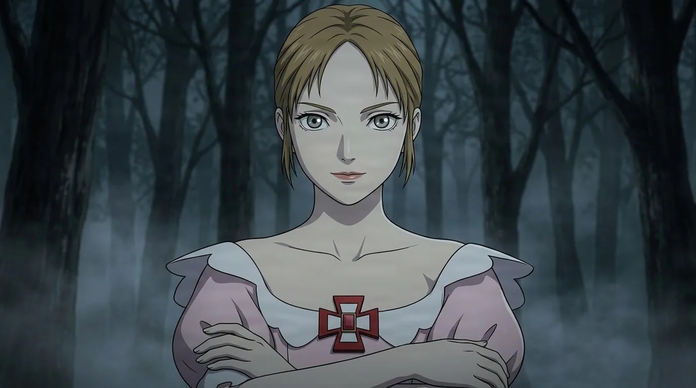 Annette with short blonde hair and folded arms, wearing a pink and white dress with a red cross brooch, standing in a misty bare forest.