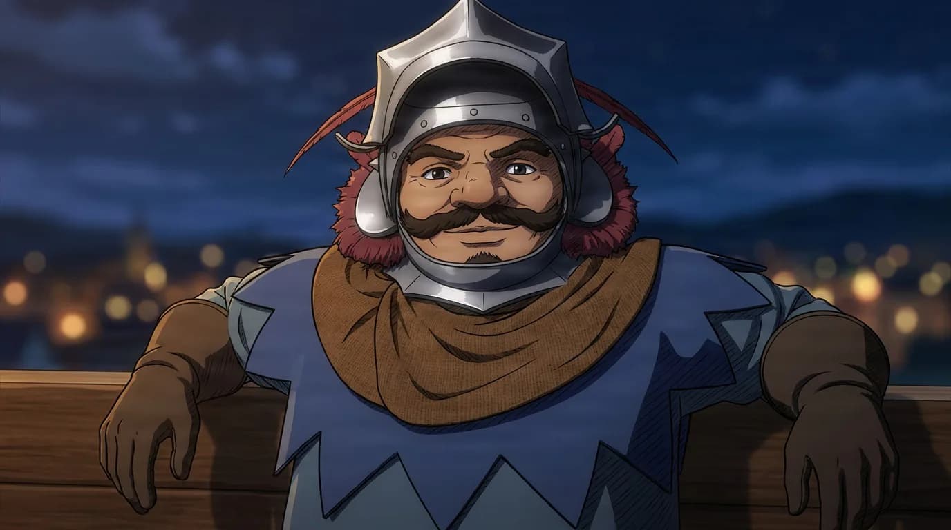 Azan, a mustached man in a steel helmet and blue tunic with a brown scarf, leans on a railing under a night sky over a town.