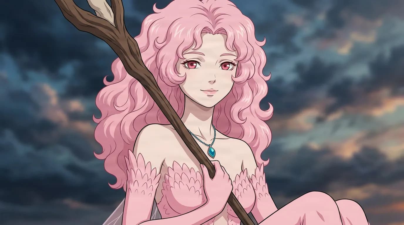 Flower Storm Monarch, a pink-haired woman with petal-scaled skin, holds a wooden staff against a stormy dusk sky.