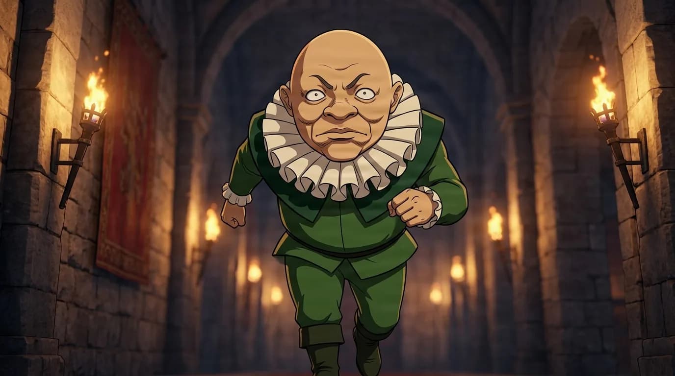 Foss, a bald man in a green outfit with a ruffled collar, runs down a torch-lit stone corridor.