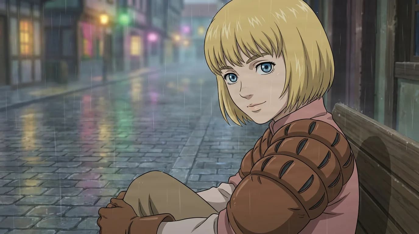 Rickert, a young blond boy with blue eyes, sits on a bench along a rainy cobblestone street at night.